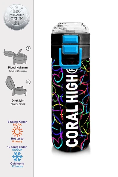Coral High 500 ml Pipetli ve Direkt İçim Çelik Termos/Matara - Kız Çocuk -  Çok Renkli Kalp Desenli - Resim 2