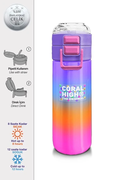 Coral High Kız Çocuk 500 ml Okul ve Günlük Paslanmaz Çelik Termos - Renk Geçişli Desenli  - Sızdırmaz - 2