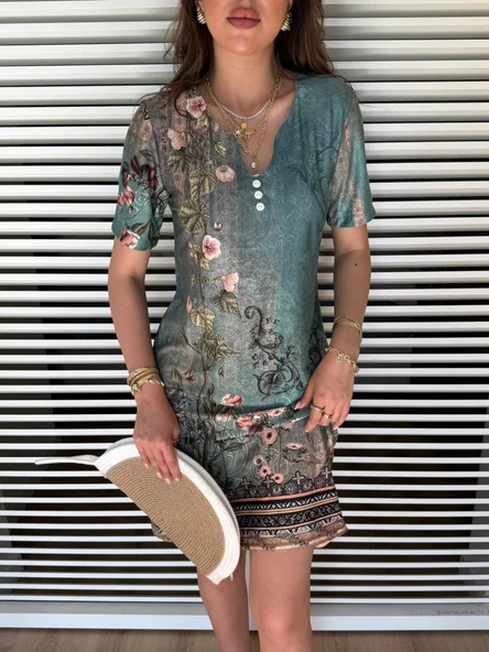 Lucky Life Kısa Kollu V Yakalı çiçek Baskılı Midi Süprem Elbise - Resim 3