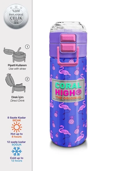 Coral High Kız Çocuk İçin 500 ml'lik Paslanmaz Çelik Termos/Suluk - Lavanta Pembe Flamingo Desenli - 2