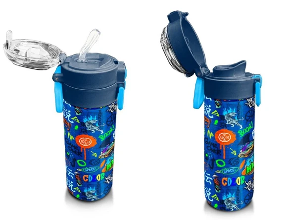 Coral High Erkek Çocuk 500 ml Okul ve Günlük Paslanmaz Çelik Termos - Saks Grafiti Desenli  - Sızdırmaz - 4