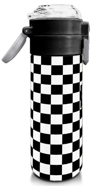 Coral High 500 ml Paslanmaz Çelik Okul Termosu/Suluk/Matara - Erkek Çocuk - Siyah Beyaz Dama Desenli - Sızdırma Yapmaz - 3