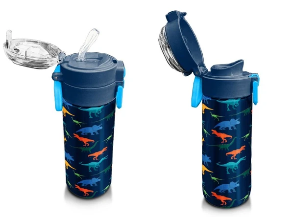 Coral High 500 ml Lacivert Mavi Dinozor Desenli - Erkek Çocuk Paslanmaz Çelik Okul Termosu/Suluk/Matara - 4
