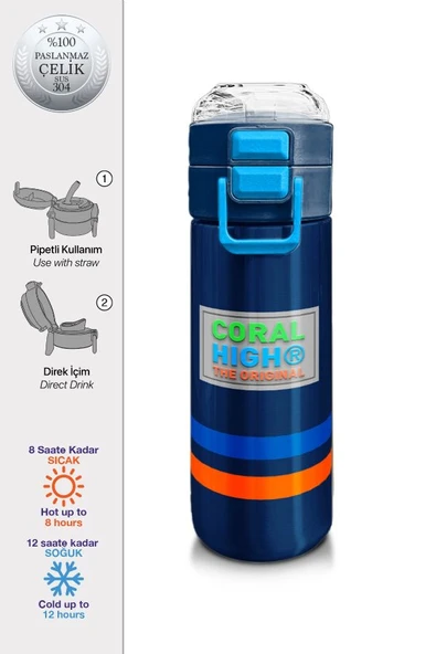 Coral High 500 ml Lacivert 31928 - Erkek Çocuk Paslanmaz Çelik Okul Termosu/Suluk/Matara - 2