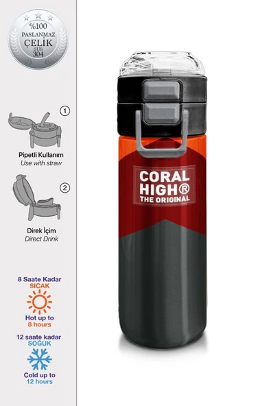 Coral High 500 ml Paslanmaz Çelik Okul Termosu/Suluk/Matara - Erkek Çocuk - Turuncu Bordo Desenli - Sızdırma Yapmaz - 2