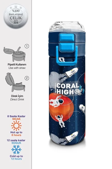 Coral High Çelik Matara Termos/Suluk 31999 - 500ml, Lacivert Mavi Astronot - Erkek Çocuk - 2