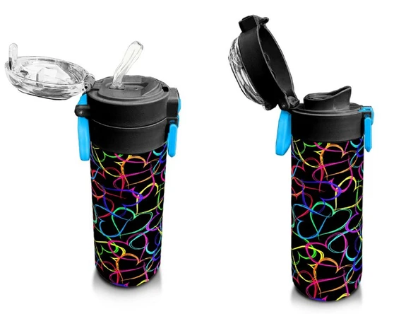 Coral High 500 ml Pipetli ve Direkt İçim Çelik Termos/Matara - Kız Çocuk -  Çok Renkli Kalp Desenli - Resim 4