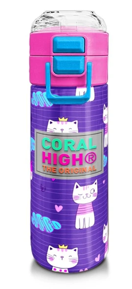 Coral High Kız Çocuk İçin 500 ml'lik Paslanmaz Çelik Termos/Suluk - Mor Pembe Kedi Baskılı