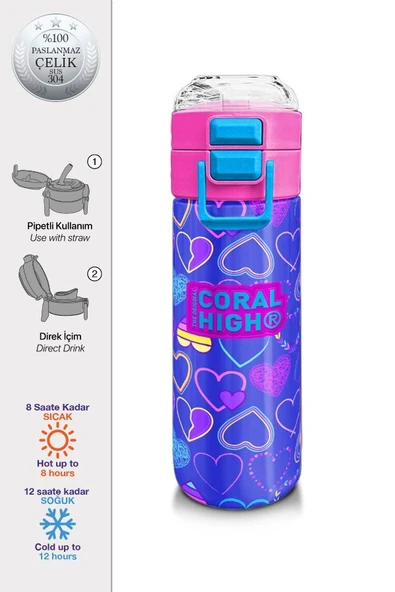 Coral High Çelik Matara Termos/Suluk 31977 - 500ml, Kız Çocuk - Açık Pembe Lavanta Kalp Desenli - 2