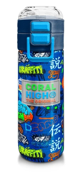 Coral High Erkek Çocuk 500 ml Okul ve Günlük Paslanmaz Çelik Termos - Saks Grafiti Desenli  - Sızdırmaz