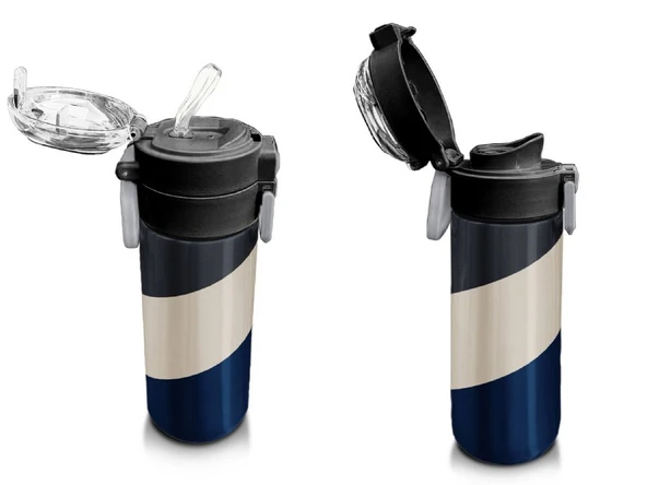 Coral High 500 ml Lacivert Koyu Gri Bej Desenli  - Erkek Çocuk Paslanmaz Çelik Okul Termosu/Suluk/Matara - Resim 4