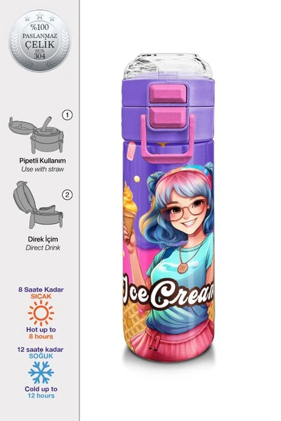 Coral High Çelik Matara Termos/Suluk 31989 - 500ml, Kız Çocuk, Pembe Turkuaz K-Pop Dondurma Desenli - 2