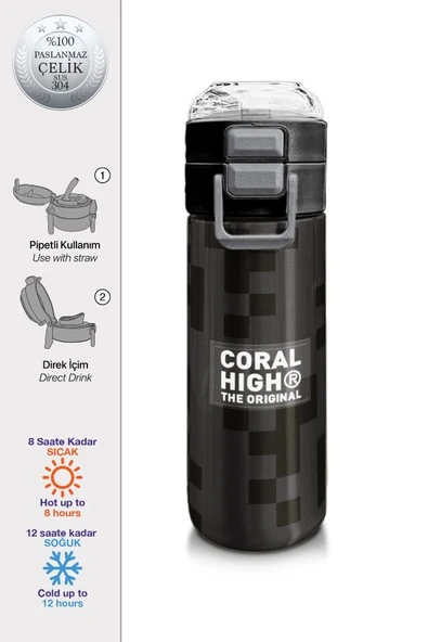 Coral High 500 ml Paslanmaz Çelik Okul Termosu/Suluk/Matara - Erkek Çocuk - Siyah Blok Desenli  - Sızdırma Yapmaz - 2