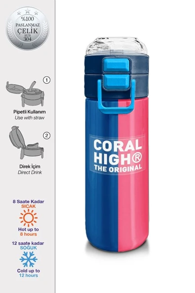 Coral High Erkek Çocuk 500 ml Okul ve Günlük Paslanmaz Çelik Termos - Mavi Pembe Renkli Çizgili - Sızdırmaz - 2