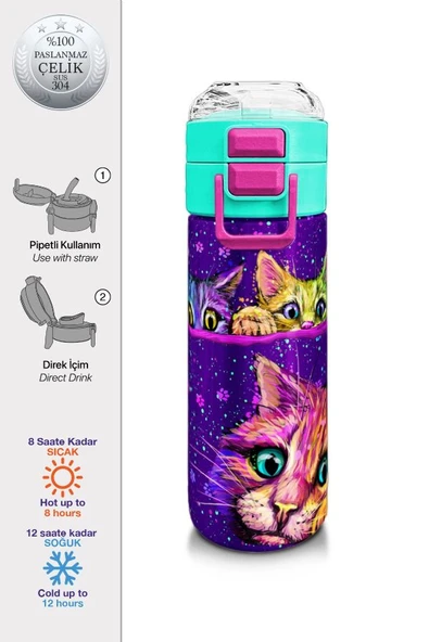 Coral High 500 ml Kız Çocuk Pipetli Termos/Matara - Mor Pembe Kedi Desenli - Çift Kullanım Özelliği - 2