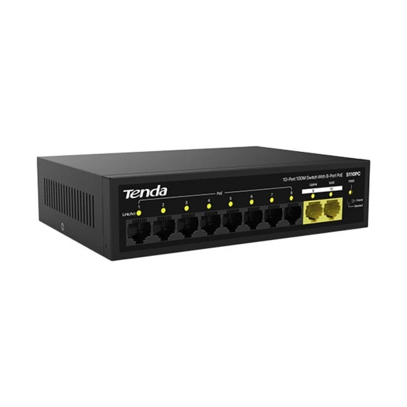 Tenda S110PC 10 Port 8 Port Poe+ 10/100 Mbps + 2 Port Uplink Switch Çelik Kasa Rack Mount Yönetilemez Switch - 3