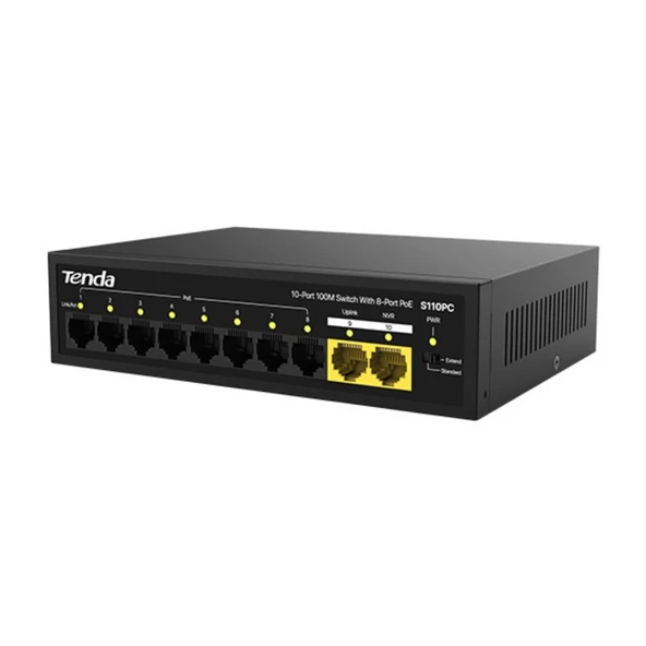 Tenda S110PC 10 Port 8 Port Poe+ 10/100 Mbps + 2 Port Uplink Switch Çelik Kasa Rack Mount Yönetilemez Switch - 2