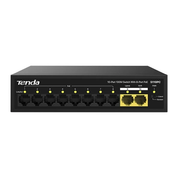 Tenda S110PC 10 Port 8 Port Poe+ 10/100 Mbps + 2 Port Uplink Switch Çelik Kasa Rack Mount Yönetilemez Switch