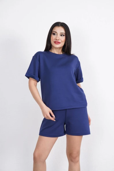 Lucky Life Kadın  Yumuşak Dokulu Kumaş Bisiklet Yaka T-shirt Kısa Şort İkili Takım - Mavi - 3