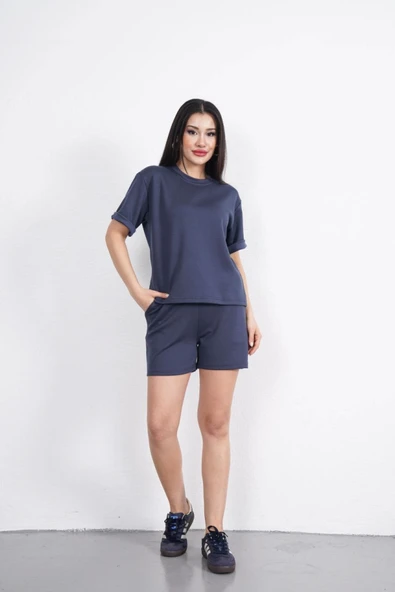 Lucky Life Kadın  Yumuşak Dokulu Kumaş Bisiklet Yaka T-shirt Kısa Şort İkili Takım - Antrasit
