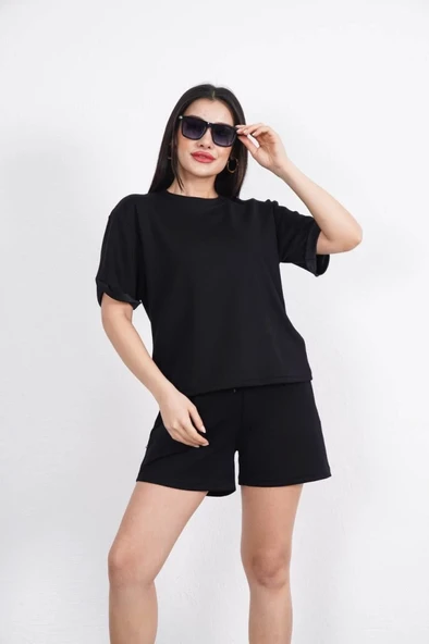 Lucky Life Kadın  Yumuşak Dokulu Kumaş Bisiklet Yaka T-shirt Kısa Şort İkili Takım - Siyah - 3
