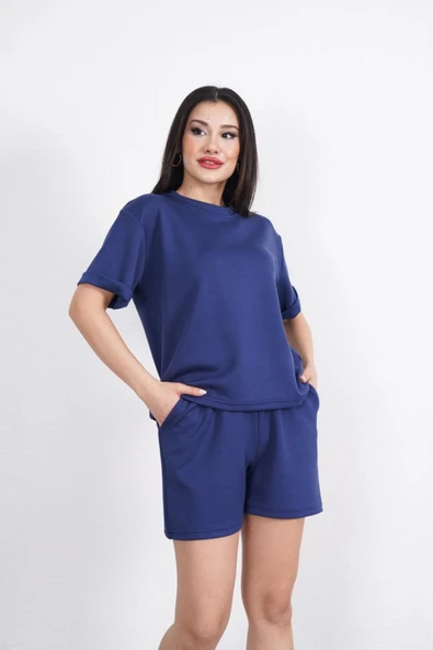 Lucky Life Kadın  Yumuşak Dokulu Kumaş Bisiklet Yaka T-shirt Kısa Şort İkili Takım - Mavi