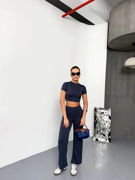 Osy Modal Yumuşak Dokulu Kumaş Kısa Kollu Lucky Life Kadın Crop Alt Ispanyol Paça Pantalon Ikili Takım - Füme - 2