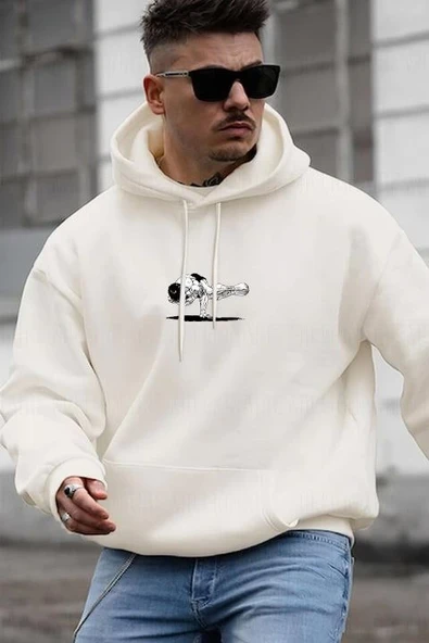 Lucky Life Erkek Baskılı Kapüşonlu Ve Kordon İpli Sweat - Beyaz