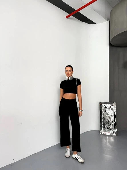 Osy Modal Yumuşak Dokulu Kumaş Kısa Kollu Lucky Life Kadın Crop Alt Ispanyol Paça Pantalon Ikili Takım - Siyah - 3