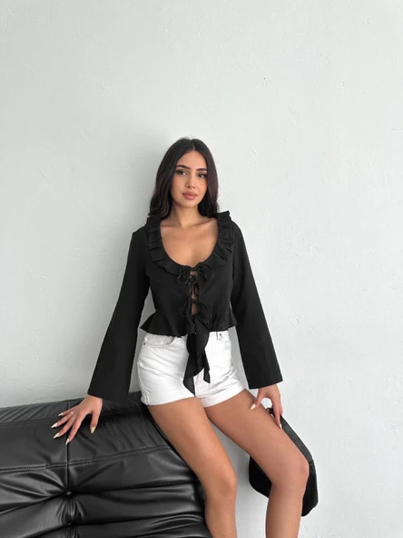 Lucky Life Kadın Keten Uzun Kol Bağacık Detaylı Bluz - Siyah - 4