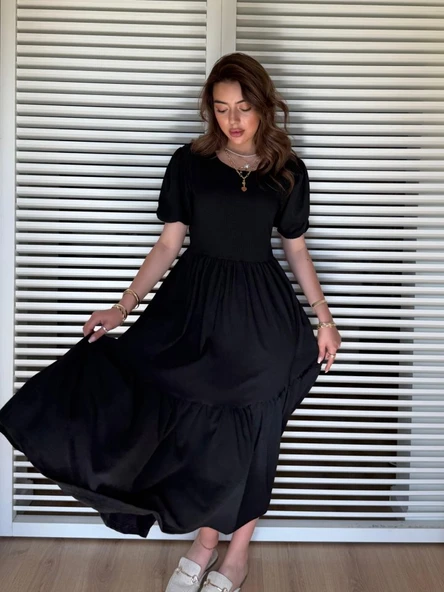 Lucky Life Kadın Kısa Kollu Yakası Açık Katlı Bürümcük Balon Elbise - Resim 2