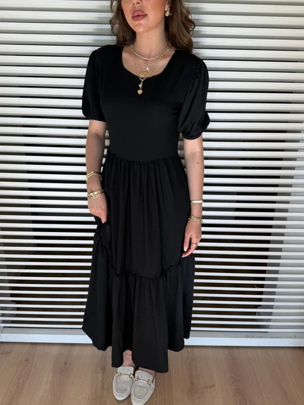 Lucky Life Kadın Kısa Kollu Yakası Açık Katlı Bürümcük Balon Elbise - Resim 3