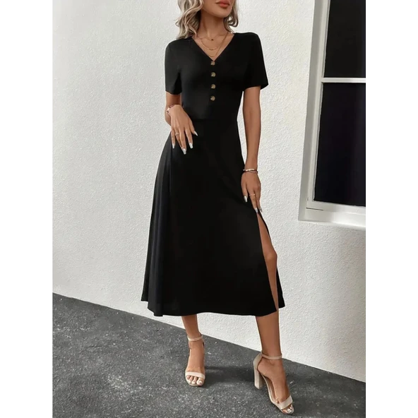 Lucky Life Kadın Kısa Kollu V Yakalı önden Düğmeli Yırtmaçlı Midi Viskon Elbise - Resim 4