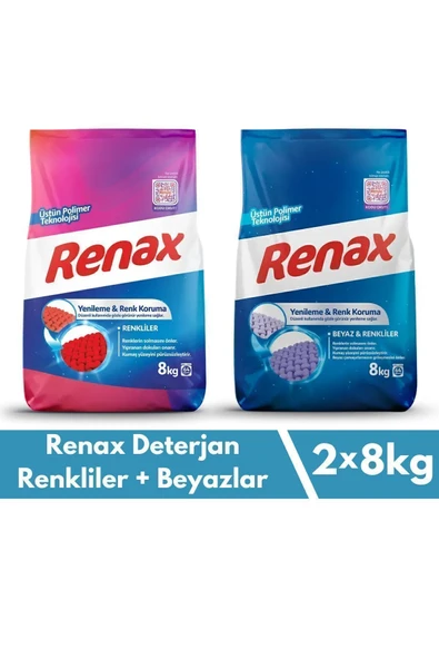 Renax Toz Çamaşır Deterjanı 8 Kg 2 Li Paket Renkliler Ve Beyazlar