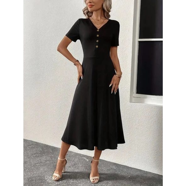 Lucky Life Kadın Kısa Kollu V Yakalı önden Düğmeli Yırtmaçlı Midi Viskon Elbise - Resim 5