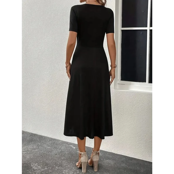 Lucky Life Kadın Kısa Kollu V Yakalı önden Düğmeli Yırtmaçlı Midi Viskon Elbise - Resim 3