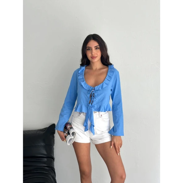 Lucky Life Kadın Keten Uzun Kol Bağacık Detaylı Bluz - Mavi - 3