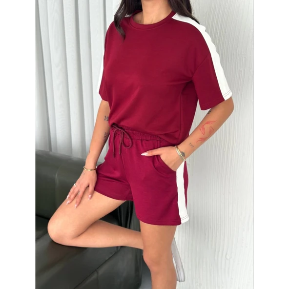 Lucky Life Kadın  Yumuşak Dokulu Kumaş Parçalı Bisiklet Yaka T-shirt Kısa Şort İkili Takım -  Bordo - 2