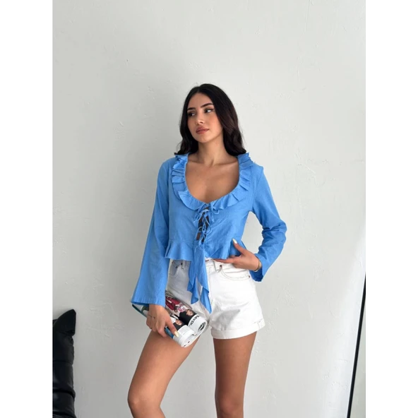 Lucky Life Kadın Keten Uzun Kol Bağacık Detaylı Bluz - Mavi - 4