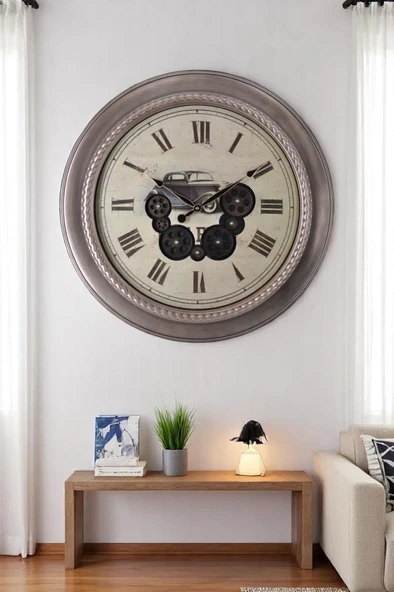 Efe Mark Premium Serisi Antik Eskitme Döner Çarklı Retro Tasarım 60 cm Ev ve Ofis Duvar Saati Roma Rakamlı Vintage Tasarım - Resim 3