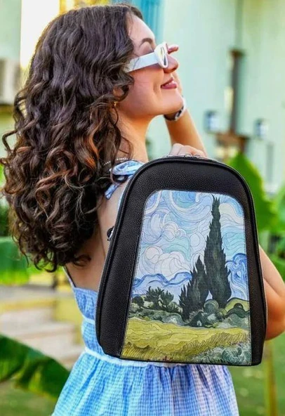 Kadın Vegan Deri Siyah Sırt Çantası - Vincent van Gogh A Wheat Field with Cypresses Tasarım
