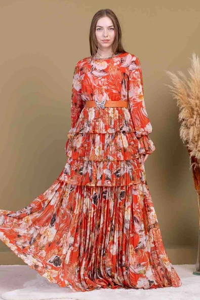 Kat Kat Pliseli Şifon Elbise 2718-Oranj ürün görseli