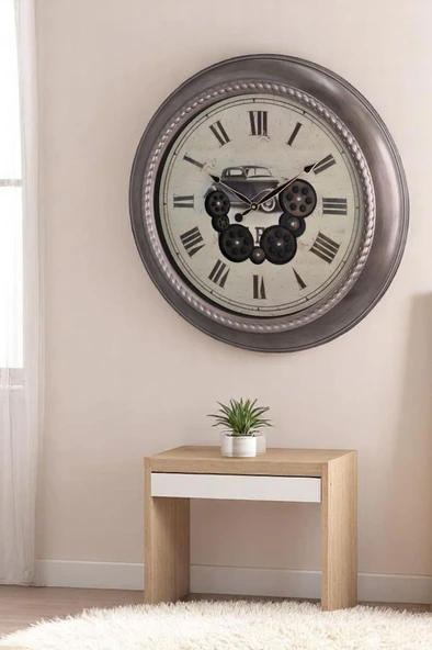 Efe Mark Premium Serisi Antik Eskitme Döner Çarklı Retro Tasarım 60 cm Ev ve Ofis Duvar Saati Roma Rakamlı Vintage Tasarım - Resim 4