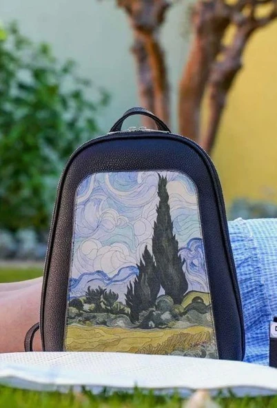 Kadın Vegan Deri Siyah Sırt Çantası - Vincent van Gogh A Wheat Field with Cypresses Tasarım - 4
