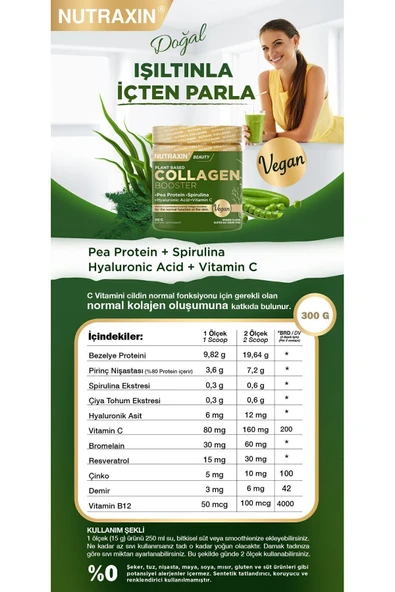 Nutraxin Vegan Kolajen Booster 300 Gr - Pea Protein, Spirulina, Vitamin C, Hyaluronik Asit Glutensiz - 3