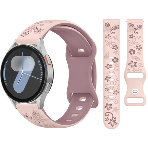 Samsung Galaxy Watch 6 7 Serisi ile Uyumlu FloraFlex Çiçek Desenli Silikon Kordon  Pembe