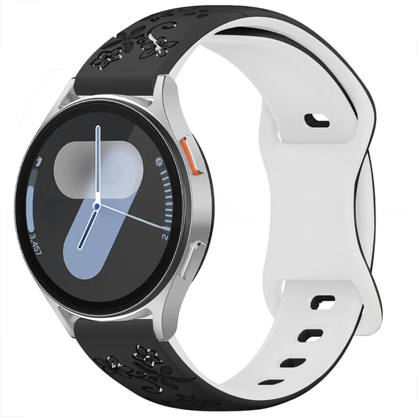 Samsung Galaxy Watch 6 7 Serisi ile Uyumlu FloraFlex Çiçek Desenli Silikon Kordon  Siyah Beyaz - Resim 6