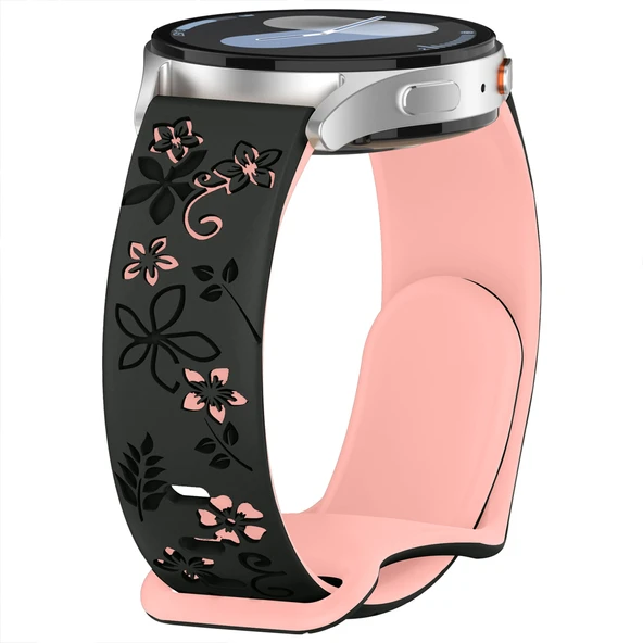 Samsung Galaxy Watch 6 7 Serisi ile Uyumlu FloraFlex Çiçek Desenli Silikon Kordon  Pudra - Resim 2
