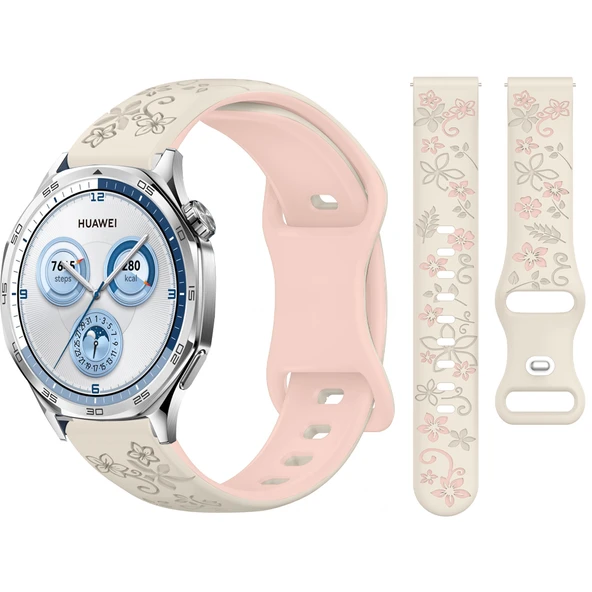 Huawei Watch GT2 GT3 GT4 GT5 46mm İle Uyumlu FloraFlex Çiçek Desenli Silikon Kordon  Açık Pembe