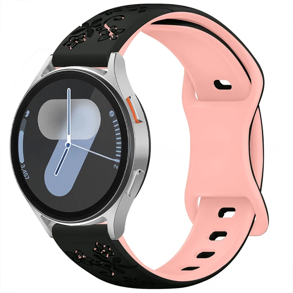 Samsung Galaxy Watch 6 7 Serisi ile Uyumlu FloraFlex Çiçek Desenli Silikon Kordon  Pudra - Resim 6